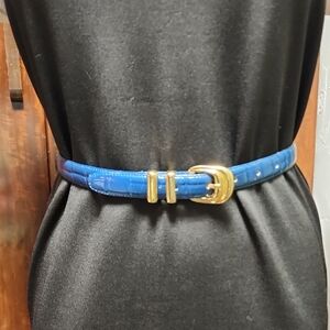 Blue Leather Belt with Gold Buckle